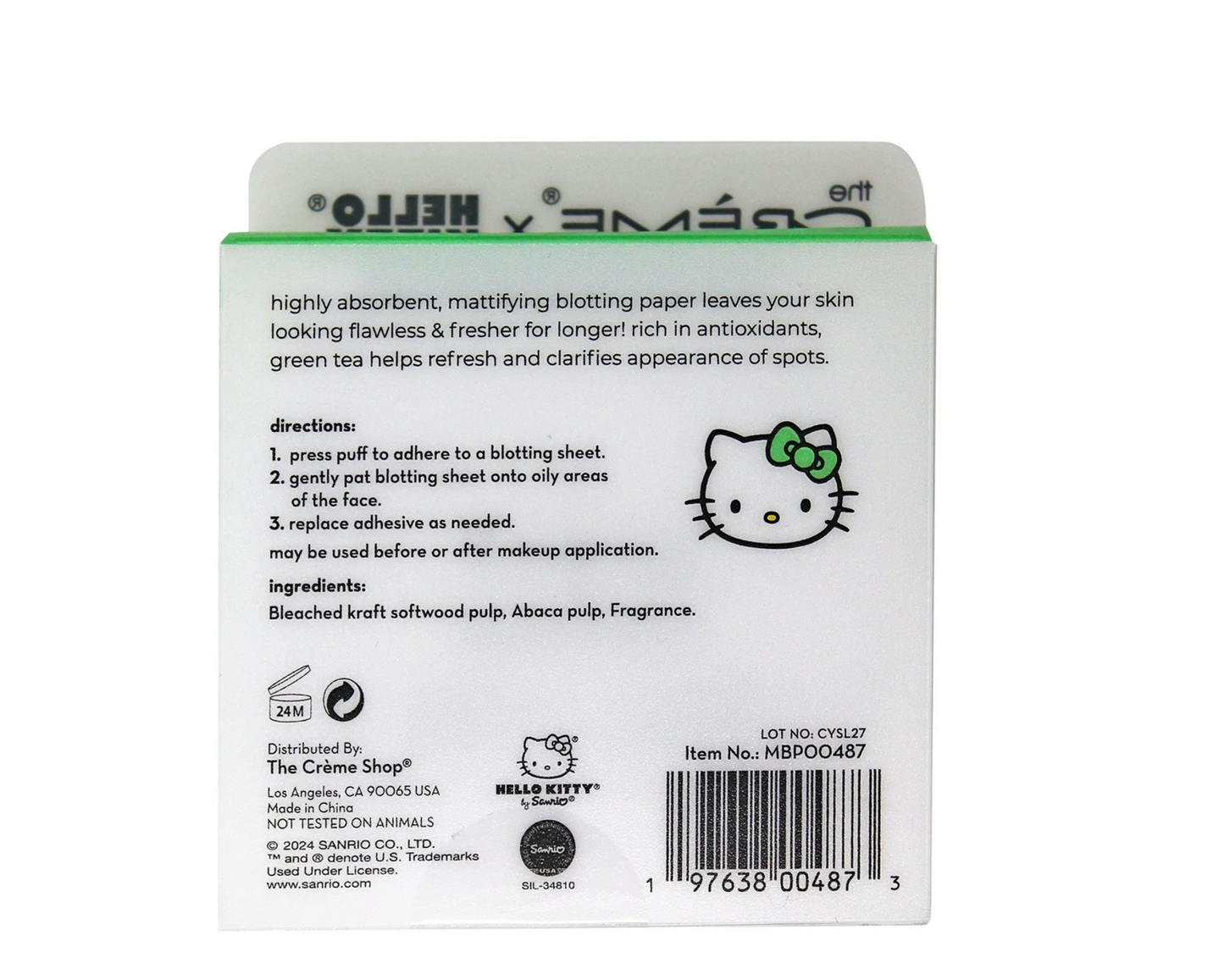 The Crème Shop x Hello Kitty Matcha Blotting Papers + Reusable Compact Mirror (Limited Edition)